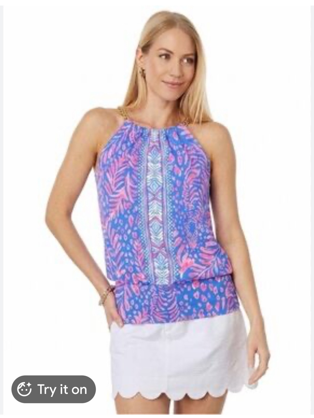 Lilly Pulitzer Blue & Pink Printed Halter Camisole with Gold Chain small